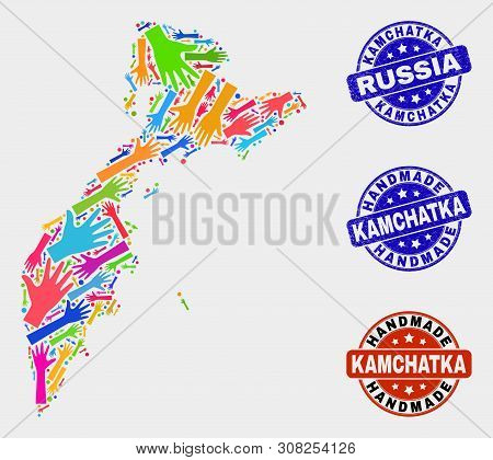 Vector Handmade Composition Of Kamchatka Map And Grunge Watermarks. Mosaic Kamchatka Map Is Designed