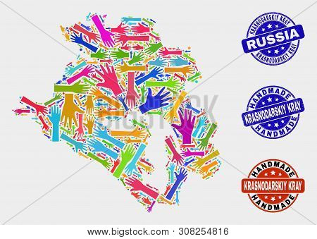Vector Handmade Composition Of Krasnodarskiy Kray Map And Textured Watermarks. Mosaic Krasnodarskiy 