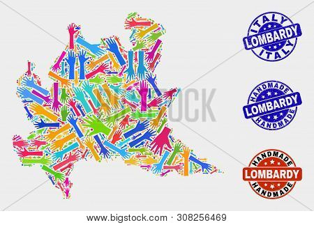 Vector Handmade Collage Of Lombardy Region Map And Rubber Stamp Seals. Mosaic Lombardy Region Map Is