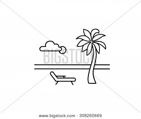 Seaside Beach View. Summer Holiday Skyline. Ocean Resort Landscape With Palm Tree, Sea, Sun, Sky, De