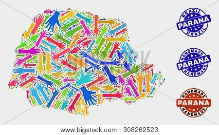 Vector Handmade Collage Of Parana State Map And Rubber Stamps. Mosaic Parana State Map Is Created Wi