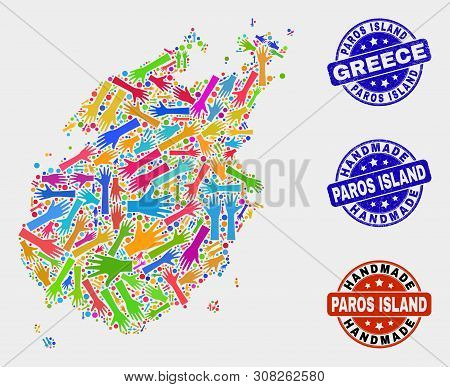 Vector Handmade Combination Of Paros Island Map And Textured Seals. Mosaic Paros Island Map Is Const