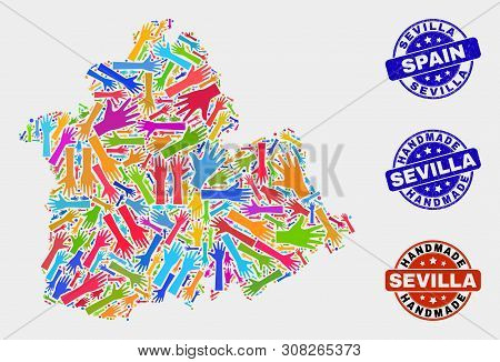 Vector Handmade Combination Of Sevilla Province Map And Unclean Stamps. Mosaic Sevilla Province Map 