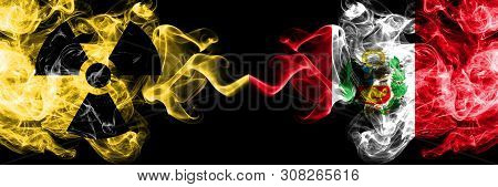 Peru, Peruan Vs Nuclear Smoky Mystic Flags Placed Side By Side. Thick Colored Silky Smokes Combinati