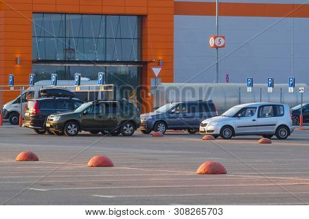 Pushkino, Russia - June, 8, 2019: parking at the shopping center in Pushkino, Russia