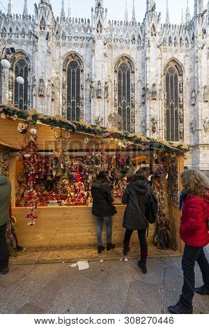 Milan, Italy. January 2019. The Traditional Christmas Stalls On The City Streets