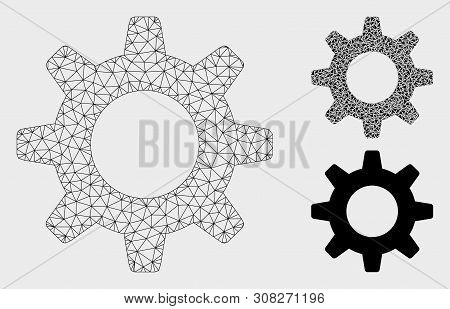 Mesh Gearwheel Model With Triangle Mosaic Icon. Wire Frame Triangular Mesh Of Gearwheel. Vector Mosa