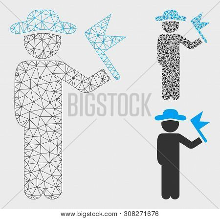 Mesh Gentleman With Flag Model With Triangle Mosaic Icon. Wire Carcass Polygonal Mesh Of Gentleman W