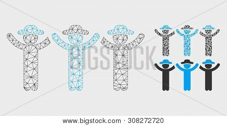 Mesh Gentlemen Hands Up Roundelay Model With Triangle Mosaic Icon. Wire Carcass Triangular Network O