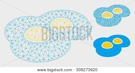 Mesh Fried Eggs Model With Triangle Mosaic Icon. Wire Carcass Polygonal Mesh Of Fried Eggs. Vector C