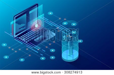 Privacy Protection Concept. Banner With Businessman Protect Data And Confidentiality Safety. Isometr