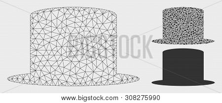 Mesh Gentleman Hat Model With Triangle Mosaic Icon. Wire Frame Triangular Mesh Of Gentleman Hat. Vec