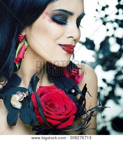 Pretty Brunette Woman With Rose Jewelry, Black And Red, Bright Make Up Kike A Vampire Closeup Red Li