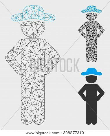 Mesh Gentleman Akimbo Model With Triangle Mosaic Icon. Wire Carcass Polygonal Mesh Of Gentleman Akim