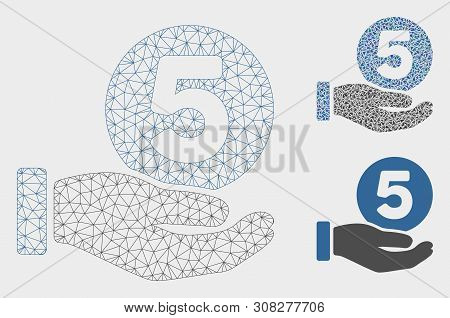 Mesh Five Cents Payment Hand Model With Triangle Mosaic Icon. Wire Carcass Triangular Network Of Fiv