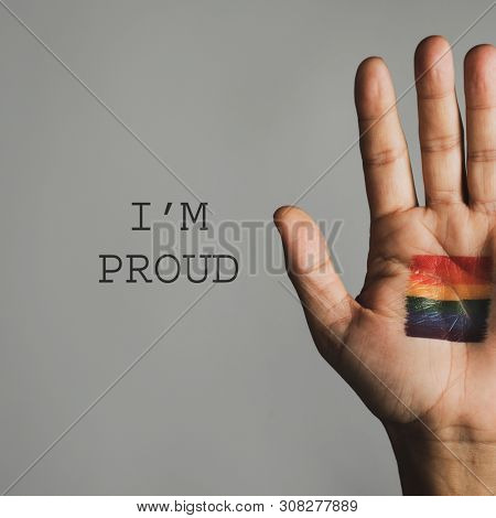 closeup of the palm of the hand of a person, with a rainbow flag in it, and the text I am proud against an off-white background