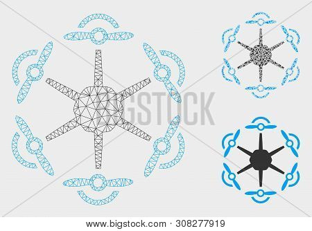 Mesh Flying Hexacopter Model With Triangle Mosaic Icon. Wire Frame Polygonal Mesh Of Flying Hexacopt