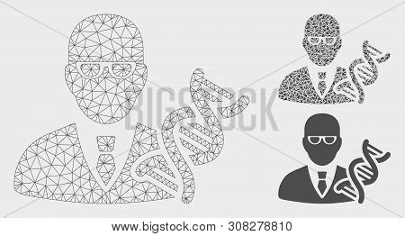 Mesh Geneticist Model With Triangle Mosaic Icon. Wire Frame Polygonal Mesh Of Geneticist. Vector Com