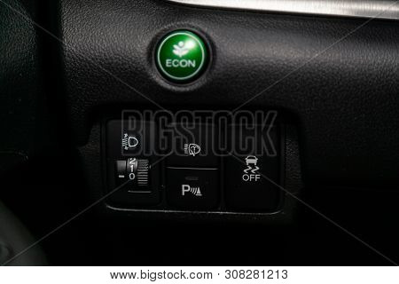 Novosibirsk, Russia - June 22, 2019:  Honda Cr-v, Close-up On The Headlight Switch Control, Headligh