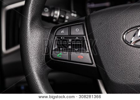Novosibirsk, Russia - June 22, 2019:  Hyundai Creta,car Controller On Steerling Wheel ,music,control