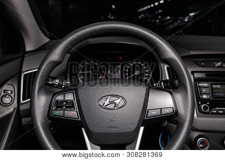 Novosibirsk, Russia - June 22, 2019:  Hyundai Creta, Close-up Of The Dashboard, Speedometer, Tachome