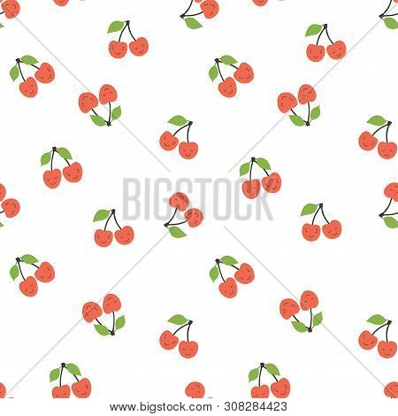 Kid's Seamless Pattern. Smiling Cherry. Fruit Fashion Print. Design Elements For Baby Textile Or Clo