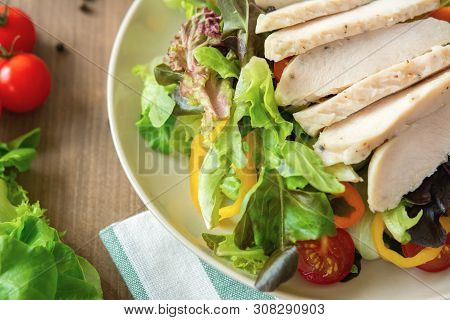 Healthy Food Mix Fresh Vegetable Salad Toppped With Skinless Boiled Chicken Breast