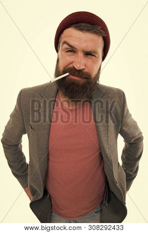 Brutal Habits And Lifestyle. Hipster Brutal Bearded Tobacco Smoker. Brutality And Masculinity. Bruta