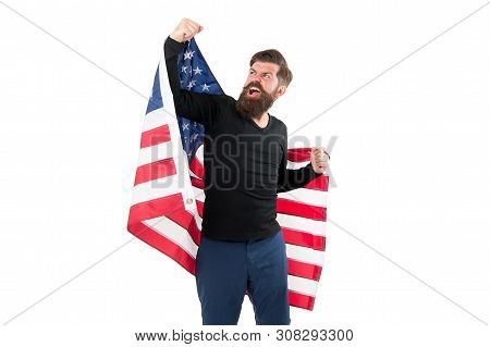 Freedom Is Nothing But A Chance To Be Free. Happy Bearded Man Holding American Flag On Independence 