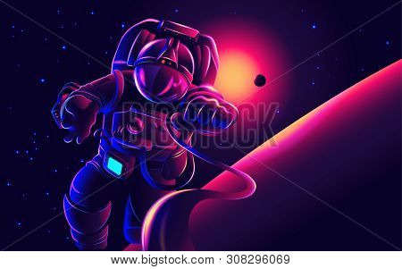 A Conceptual Illustration Of An Astronaut In Space With Sunlight At Horizon.