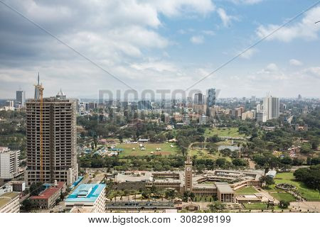 Aerial view of Nairobi, Kenya looking toward governement buildings and Kilimani.