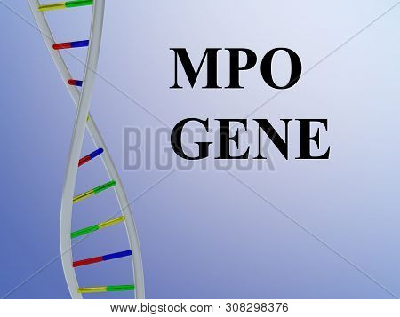 3d Illustration Of Mpo Gene Script With Dna Double Helix , Isolated On Blue Gradient.