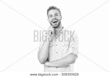 Celebrate Good Result. Solution For All Problems. Find Solution. Man With Bristle Smiling Face White
