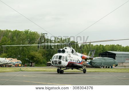 Tyumen, Russia - June 19, 2019: Aircraft Repair Helicopter Utair Engineering Plant. Test Flight Of M