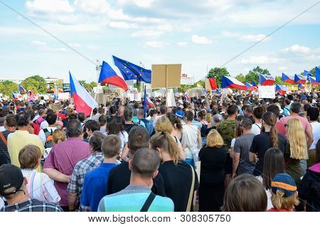 Prague, Czech Republic - June 23 2019: Crowd Of People Protests Against Prime Minister Babis And Min