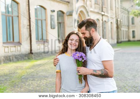 Simple Happiness. Romantic Date Idea. Guy Prepared Surprise Bouquet For Girlfriend. True Feelings. B