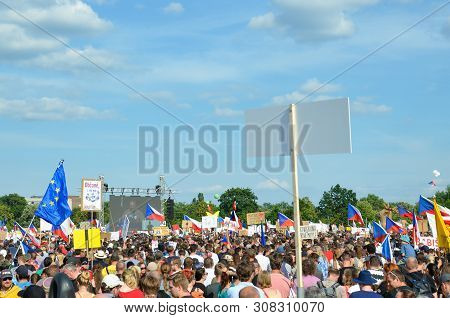 Prague, Czech Republic - June 23 2019: Crowd Of People Protests Against Prime Minister Babis And Min