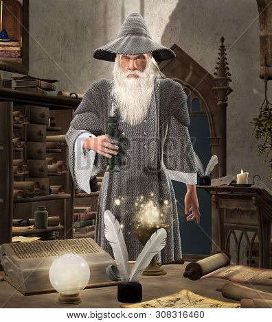 The Secret Ingredient - Old Wizard With A Long White Beard In The Alchemy Chamber - 3d Illustration