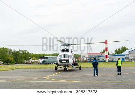 Tyumen, Russia - June 19, 2019: Aircraft Repair Helicopter Utair Engineering Plant. Test Flight Of M