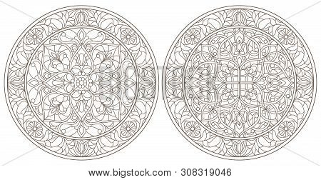 Set Contour Illustrations Of Stained Glass, Round Stained Glass Floral, Dark Outline On A White Back