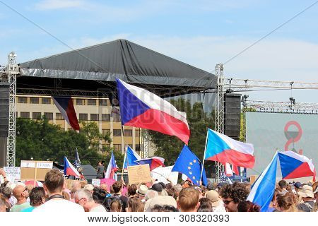 Prague, Czech Republic - June 23 2019: Crowd Of People Protests Against Prime Minister Babis And Min