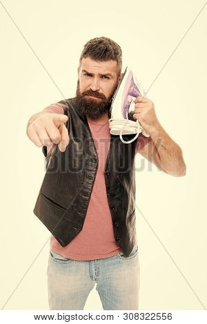 I Could Hear You. Bearded Man Pretend Talking To Clothes Iron. Household Ironing. Unshaven Brutal Ma