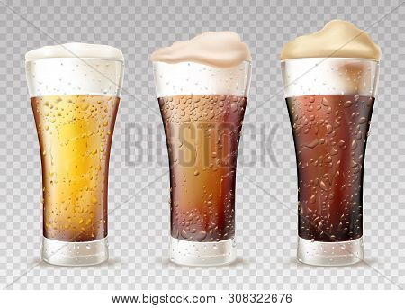 Fresh And Cold Beer, Ale Poured In Weizen Glasses With Moisture Drops And Human Finger Traces On Wet