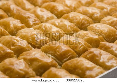 Pieces Of Turkish Or Arabic Traditional Declious Oriental Dessert Pahlava, Baklava, Close Up