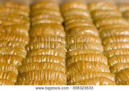 Pieces Of Turkish Or Arabic Traditional Declious Oriental Dessert Pahlava, Baklava, Close Up