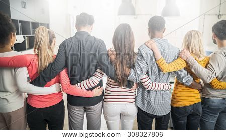 Creative Team Meeting Hands Together In Line. Young Business People Are Holding Hands. Unity And Tea