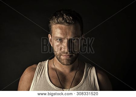 Handsome Mucho Guy In Vest. Man With Unshaven Face In Studio. Fashion Model On Grey Background. Styl
