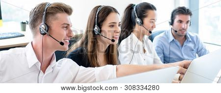 Group Of Business People Telemarketing Team Working Together In Call Center Office Banner Background
