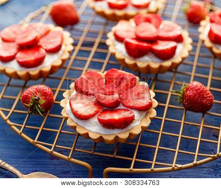Strawberry Tarts, Small Shortbread Tarts With The Addition Of Sweet Cream Cheese And Fresh Strawberr