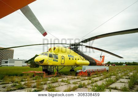 Tyumen, Russia - June 19, 2019: Aircraft Repair Helicopter Utair Engineering Plant. Old Mi-10k Helic